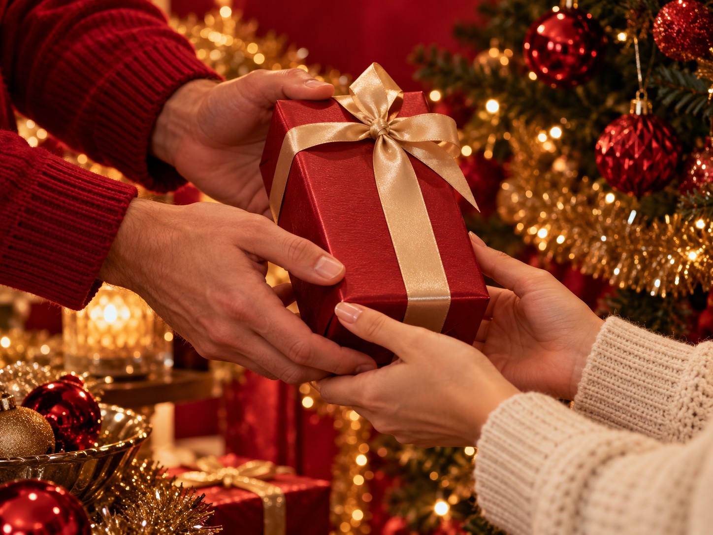 A Christmas gift wrapped in red and gold being handed over